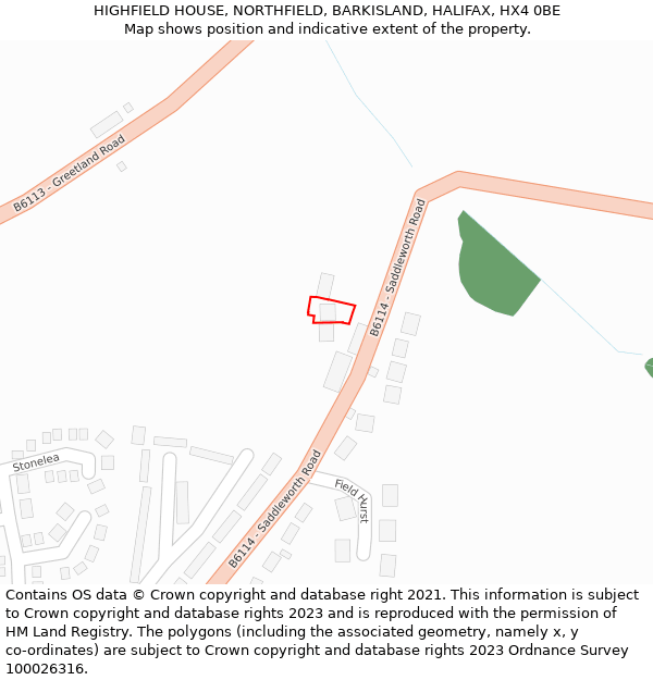 HIGHFIELD HOUSE, NORTHFIELD, BARKISLAND, HALIFAX, HX4 0BE: Location map and indicative extent of plot