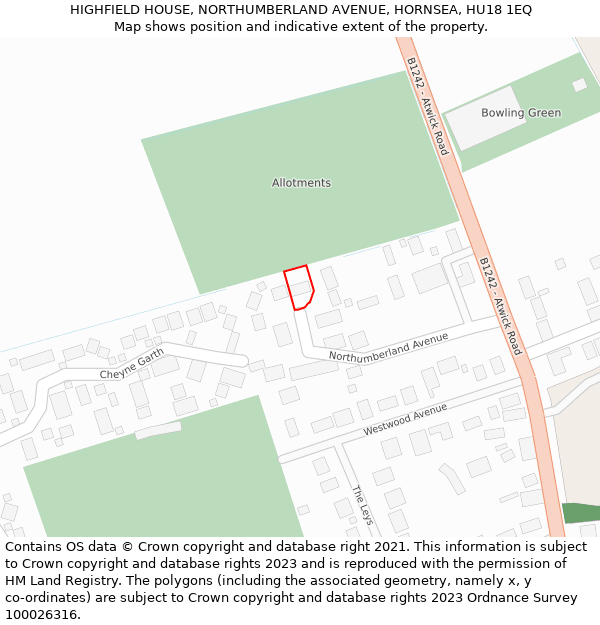 HIGHFIELD HOUSE, NORTHUMBERLAND AVENUE, HORNSEA, HU18 1EQ: Location map and indicative extent of plot