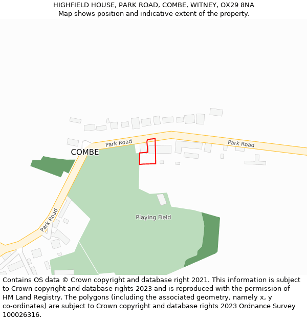 HIGHFIELD HOUSE, PARK ROAD, COMBE, WITNEY, OX29 8NA: Location map and indicative extent of plot