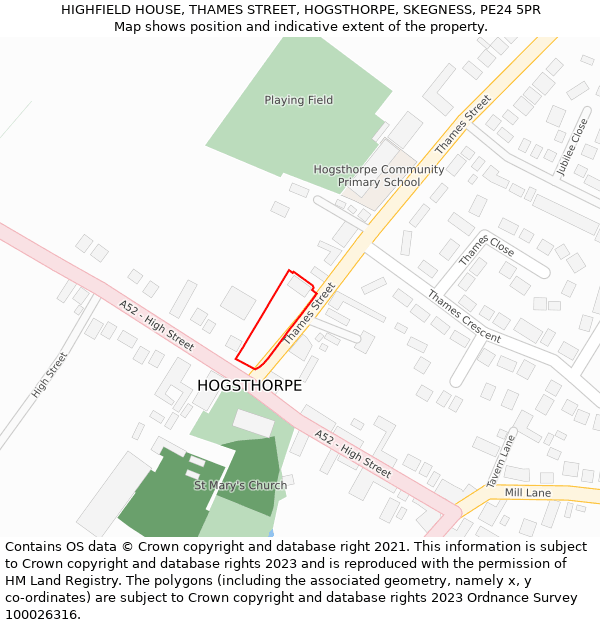 HIGHFIELD HOUSE, THAMES STREET, HOGSTHORPE, SKEGNESS, PE24 5PR: Location map and indicative extent of plot
