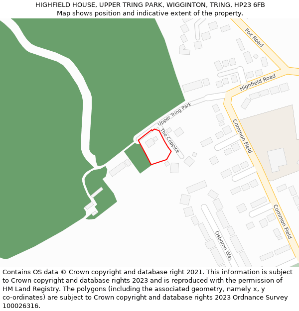 HIGHFIELD HOUSE, UPPER TRING PARK, WIGGINTON, TRING, HP23 6FB: Location map and indicative extent of plot