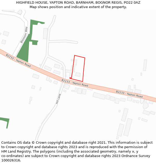 HIGHFIELD HOUSE, YAPTON ROAD, BARNHAM, BOGNOR REGIS, PO22 0AZ: Location map and indicative extent of plot