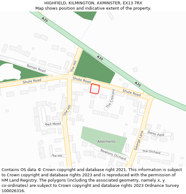 HIGHFIELD, KILMINGTON, AXMINSTER, EX13 7RX: Location map and indicative extent of plot