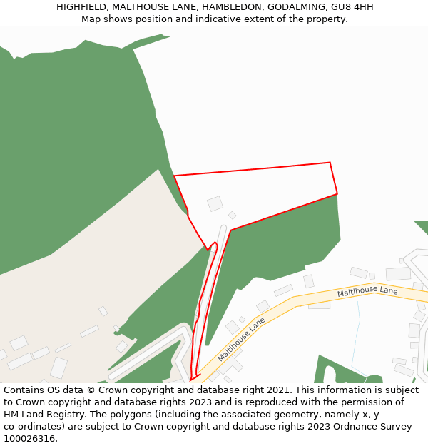 HIGHFIELD, MALTHOUSE LANE, HAMBLEDON, GODALMING, GU8 4HH: Location map and indicative extent of plot