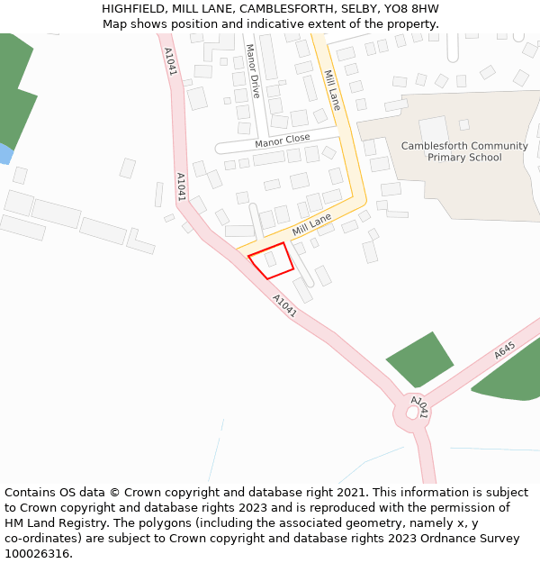 HIGHFIELD, MILL LANE, CAMBLESFORTH, SELBY, YO8 8HW: Location map and indicative extent of plot