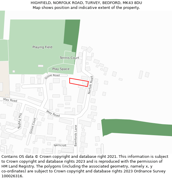 HIGHFIELD, NORFOLK ROAD, TURVEY, BEDFORD, MK43 8DU: Location map and indicative extent of plot