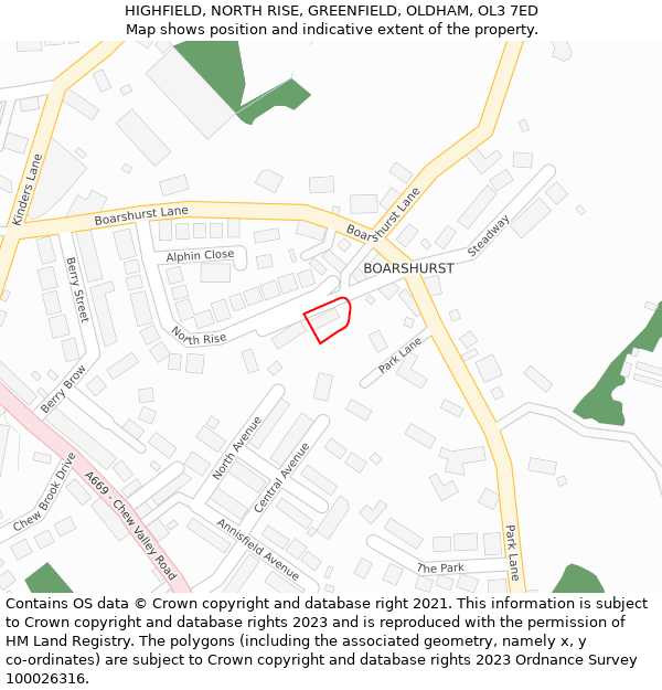 HIGHFIELD, NORTH RISE, GREENFIELD, OLDHAM, OL3 7ED: Location map and indicative extent of plot
