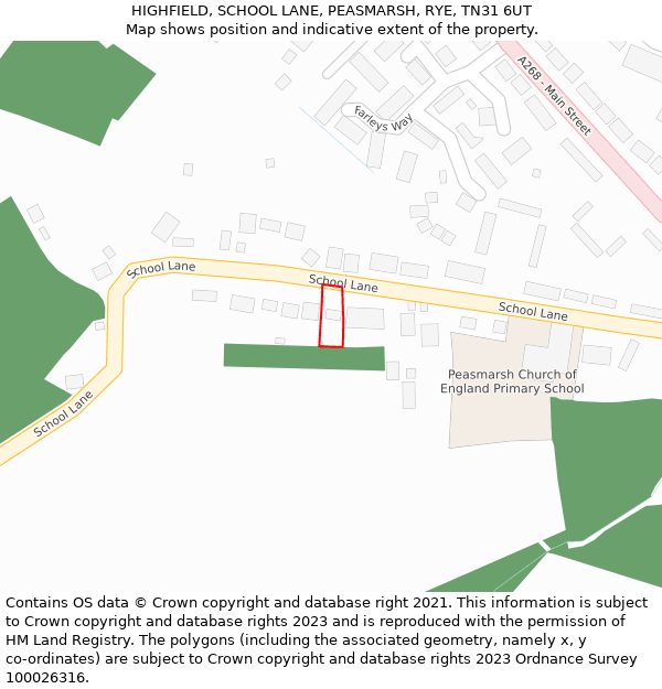 HIGHFIELD, SCHOOL LANE, PEASMARSH, RYE, TN31 6UT: Location map and indicative extent of plot