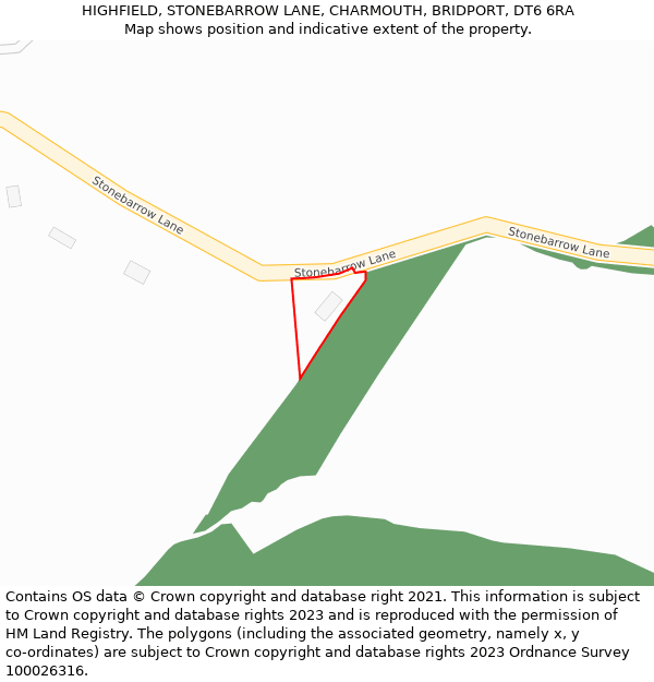 HIGHFIELD, STONEBARROW LANE, CHARMOUTH, BRIDPORT, DT6 6RA: Location map and indicative extent of plot
