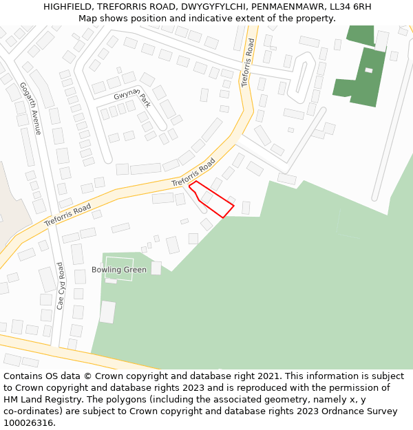 HIGHFIELD, TREFORRIS ROAD, DWYGYFYLCHI, PENMAENMAWR, LL34 6RH: Location map and indicative extent of plot