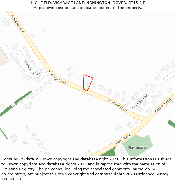 HIGHFIELD, VICARAGE LANE, NONINGTON, DOVER, CT15 4JT: Location map and indicative extent of plot