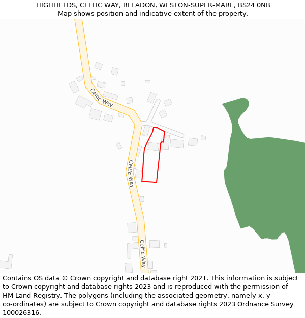 HIGHFIELDS, CELTIC WAY, BLEADON, WESTON-SUPER-MARE, BS24 0NB: Location map and indicative extent of plot