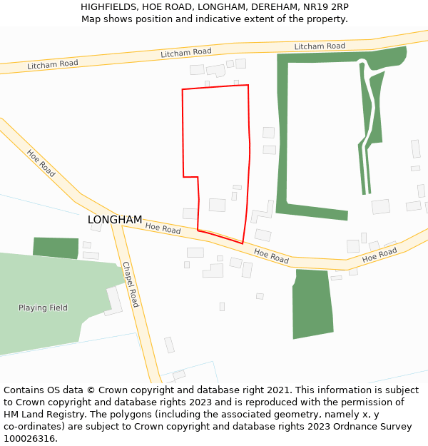 HIGHFIELDS, HOE ROAD, LONGHAM, DEREHAM, NR19 2RP: Location map and indicative extent of plot