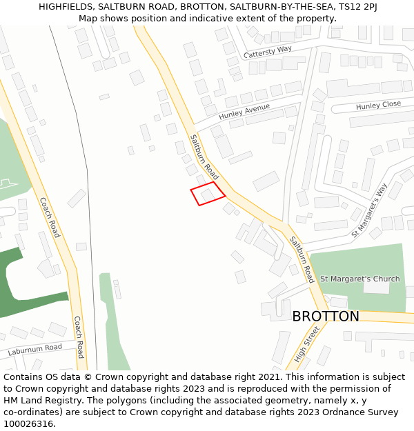 HIGHFIELDS, SALTBURN ROAD, BROTTON, SALTBURN-BY-THE-SEA, TS12 2PJ: Location map and indicative extent of plot