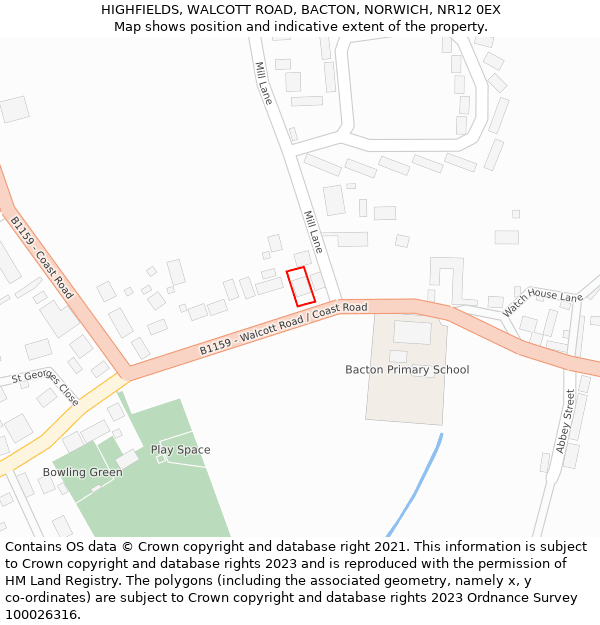 HIGHFIELDS, WALCOTT ROAD, BACTON, NORWICH, NR12 0EX: Location map and indicative extent of plot