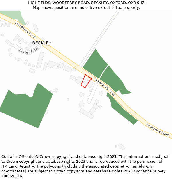 HIGHFIELDS, WOODPERRY ROAD, BECKLEY, OXFORD, OX3 9UZ: Location map and indicative extent of plot