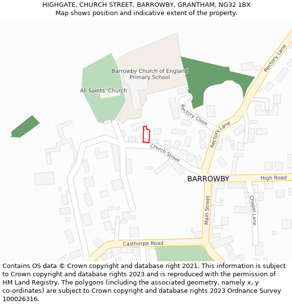 HIGHGATE, CHURCH STREET, BARROWBY, GRANTHAM, NG32 1BX: Location map and indicative extent of plot