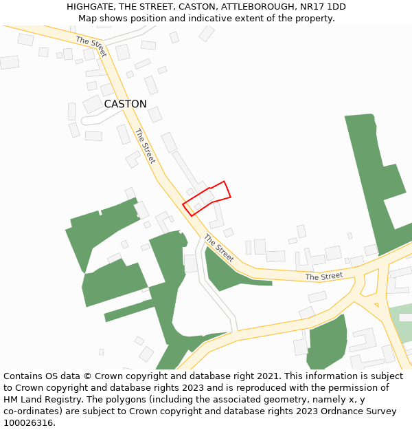 HIGHGATE, THE STREET, CASTON, ATTLEBOROUGH, NR17 1DD: Location map and indicative extent of plot