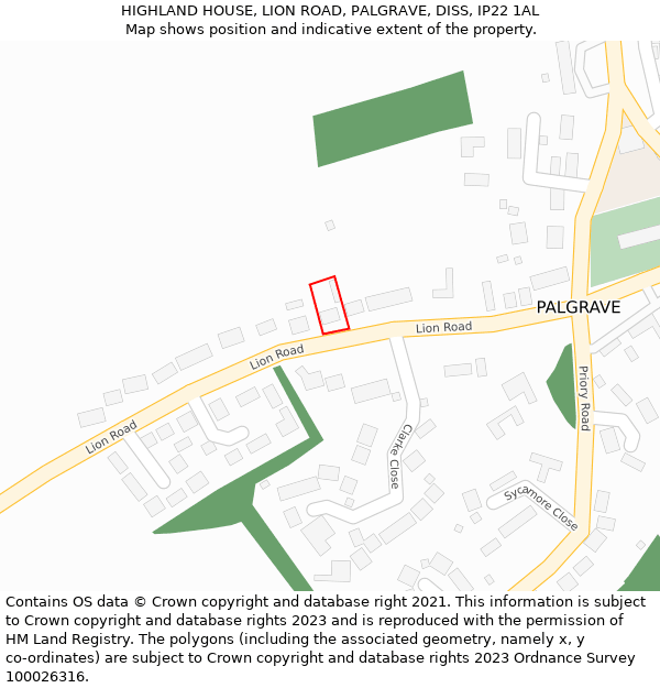 HIGHLAND HOUSE, LION ROAD, PALGRAVE, DISS, IP22 1AL: Location map and indicative extent of plot