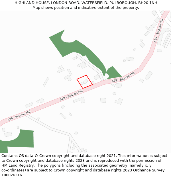 HIGHLAND HOUSE, LONDON ROAD, WATERSFIELD, PULBOROUGH, RH20 1NH: Location map and indicative extent of plot