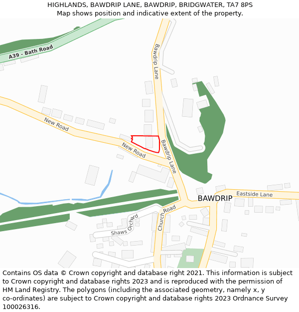 HIGHLANDS, BAWDRIP LANE, BAWDRIP, BRIDGWATER, TA7 8PS: Location map and indicative extent of plot