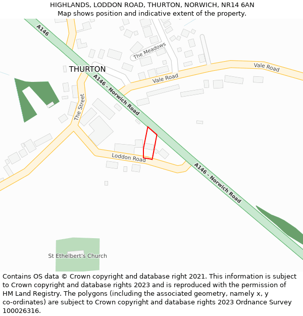 HIGHLANDS, LODDON ROAD, THURTON, NORWICH, NR14 6AN: Location map and indicative extent of plot