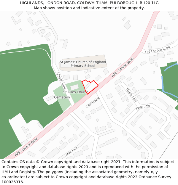 HIGHLANDS, LONDON ROAD, COLDWALTHAM, PULBOROUGH, RH20 1LG: Location map and indicative extent of plot