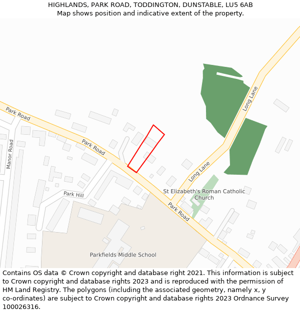 HIGHLANDS, PARK ROAD, TODDINGTON, DUNSTABLE, LU5 6AB: Location map and indicative extent of plot