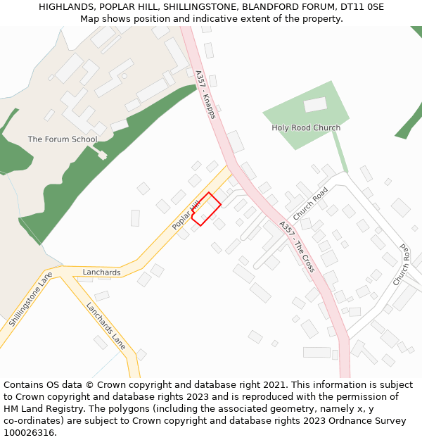 HIGHLANDS, POPLAR HILL, SHILLINGSTONE, BLANDFORD FORUM, DT11 0SE: Location map and indicative extent of plot