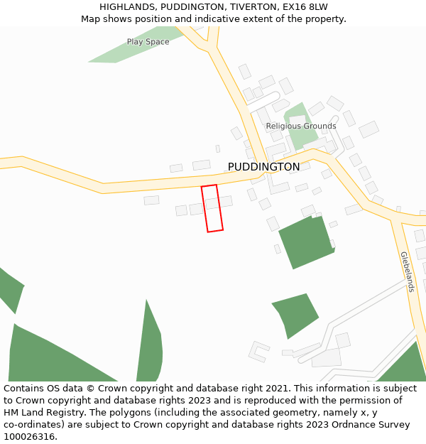 HIGHLANDS, PUDDINGTON, TIVERTON, EX16 8LW: Location map and indicative extent of plot