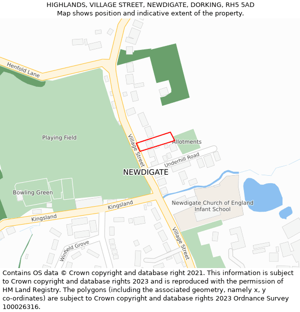 HIGHLANDS, VILLAGE STREET, NEWDIGATE, DORKING, RH5 5AD: Location map and indicative extent of plot