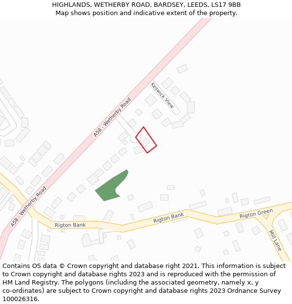 HIGHLANDS, WETHERBY ROAD, BARDSEY, LEEDS, LS17 9BB: Location map and indicative extent of plot