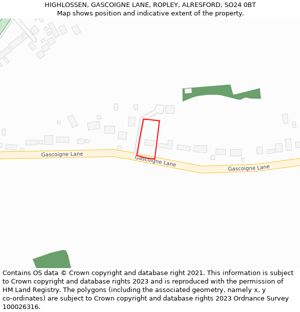HIGHLOSSEN, GASCOIGNE LANE, ROPLEY, ALRESFORD, SO24 0BT: Location map and indicative extent of plot