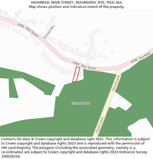 HIGHMEAD, MAIN STREET, PEASMARSH, RYE, TN31 6UL: Location map and indicative extent of plot