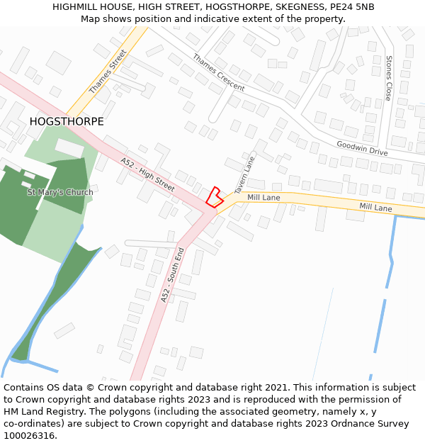 HIGHMILL HOUSE, HIGH STREET, HOGSTHORPE, SKEGNESS, PE24 5NB: Location map and indicative extent of plot