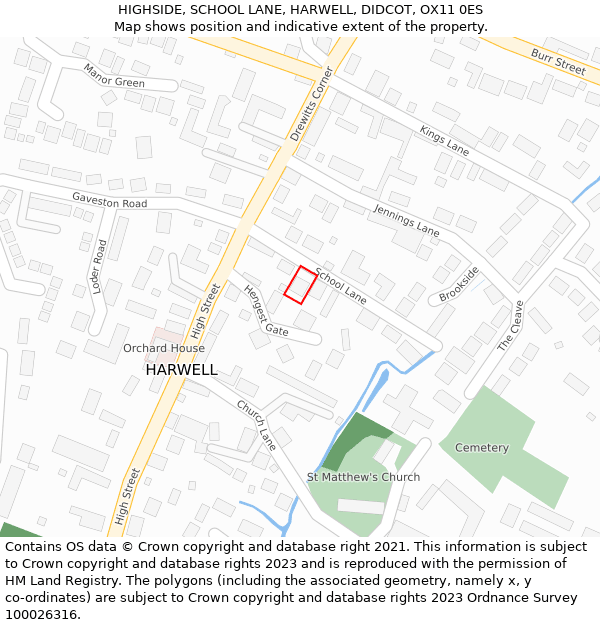 HIGHSIDE, SCHOOL LANE, HARWELL, DIDCOT, OX11 0ES: Location map and indicative extent of plot