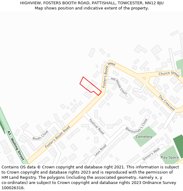 HIGHVIEW, FOSTERS BOOTH ROAD, PATTISHALL, TOWCESTER, NN12 8JU: Location map and indicative extent of plot