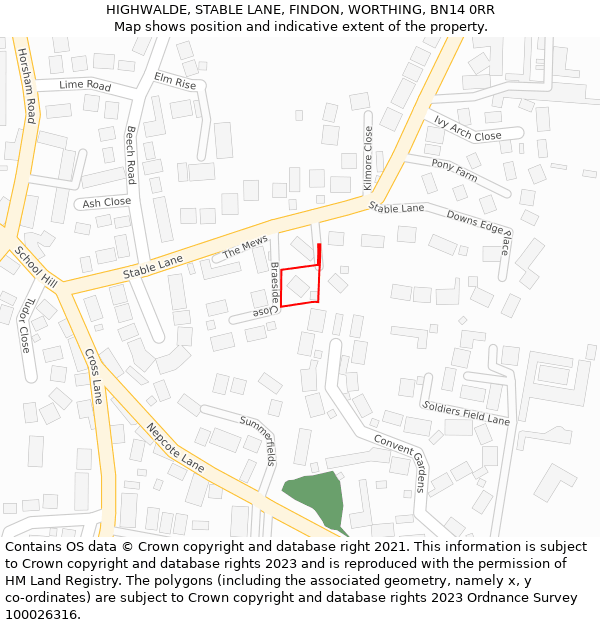 HIGHWALDE, STABLE LANE, FINDON, WORTHING, BN14 0RR: Location map and indicative extent of plot