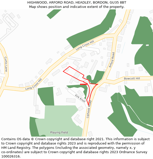 HIGHWOOD, ARFORD ROAD, HEADLEY, BORDON, GU35 8BT: Location map and indicative extent of plot