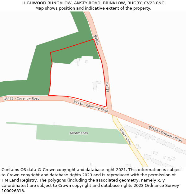 HIGHWOOD BUNGALOW, ANSTY ROAD, BRINKLOW, RUGBY, CV23 0NG: Location map and indicative extent of plot