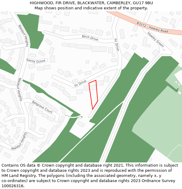 HIGHWOOD, FIR DRIVE, BLACKWATER, CAMBERLEY, GU17 9BU: Location map and indicative extent of plot