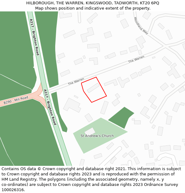 HILBOROUGH, THE WARREN, KINGSWOOD, TADWORTH, KT20 6PQ: Location map and indicative extent of plot
