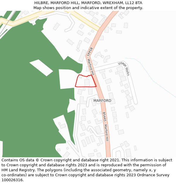 HILBRE, MARFORD HILL, MARFORD, WREXHAM, LL12 8TA: Location map and indicative extent of plot