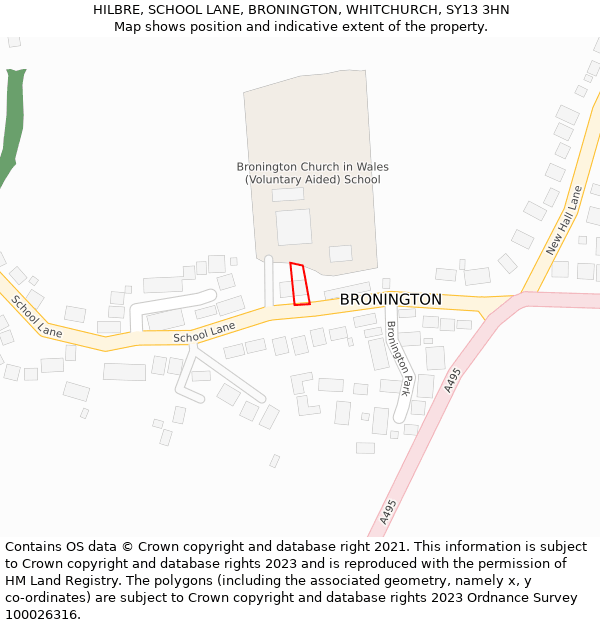 HILBRE, SCHOOL LANE, BRONINGTON, WHITCHURCH, SY13 3HN: Location map and indicative extent of plot