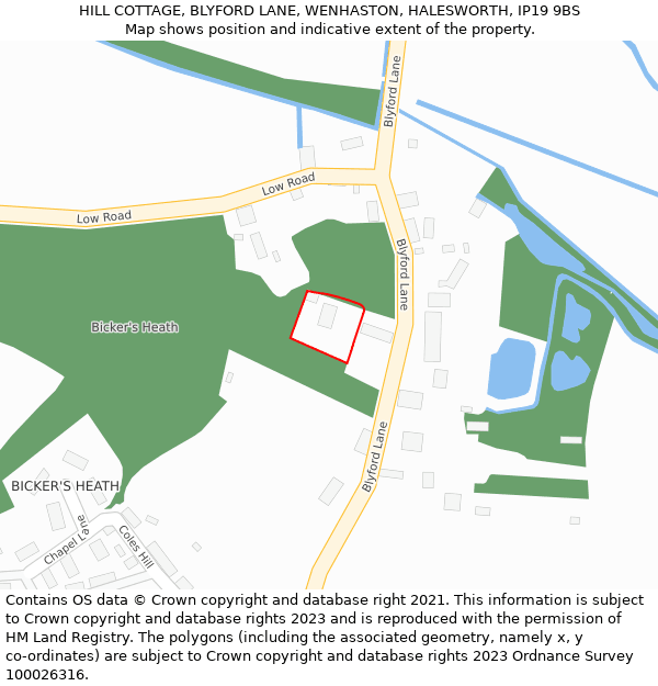 HILL COTTAGE, BLYFORD LANE, WENHASTON, HALESWORTH, IP19 9BS: Location map and indicative extent of plot