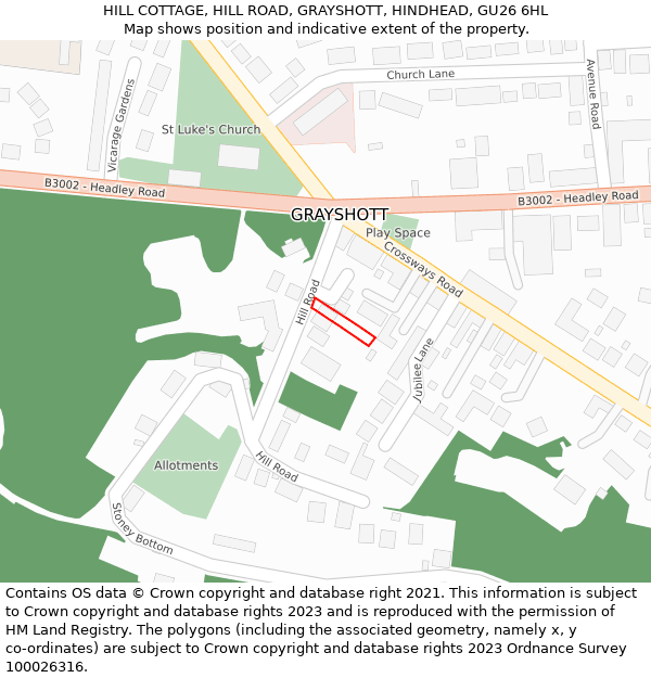 HILL COTTAGE, HILL ROAD, GRAYSHOTT, HINDHEAD, GU26 6HL: Location map and indicative extent of plot