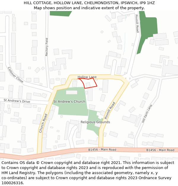 HILL COTTAGE, HOLLOW LANE, CHELMONDISTON, IPSWICH, IP9 1HZ: Location map and indicative extent of plot