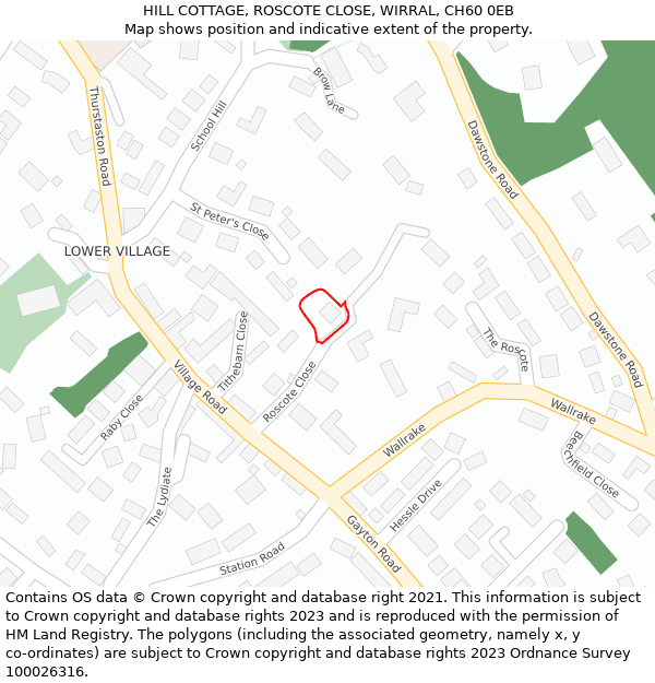 HILL COTTAGE, ROSCOTE CLOSE, WIRRAL, CH60 0EB: Location map and indicative extent of plot