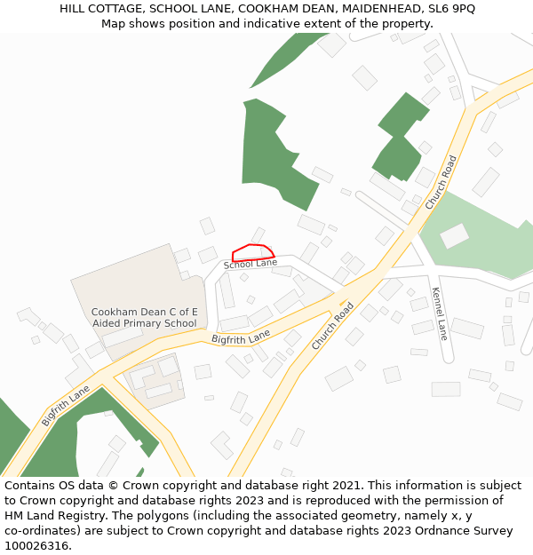 HILL COTTAGE, SCHOOL LANE, COOKHAM DEAN, MAIDENHEAD, SL6 9PQ: Location map and indicative extent of plot