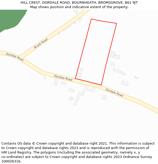 HILL CREST, DORDALE ROAD, BOURNHEATH, BROMSGROVE, B61 9JT: Location map and indicative extent of plot